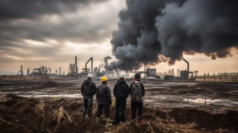Four workers wearing hard hats stand in a smoky industrial yard watching large billowing smokestacks from a fire or explosion at a factory site.