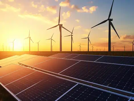 Wind turbines and solar panels on a sunny horizon, representing renewable energy at sunset.