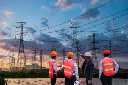 Group of workers in safety vests and hard hats stand in a field, pointing at tall electrical transmission towers against a sunset sky.