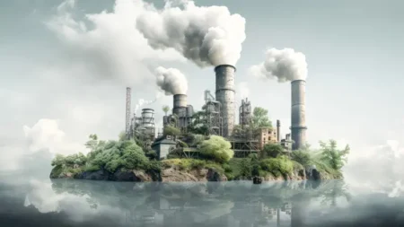Industrial facility with tall smokestacks on a small, tree-covered island emitting white smoke into the sky.