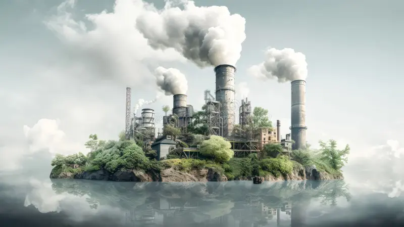 Industrial facility with tall smokestacks on a small, tree-covered island emitting white smoke into the sky.