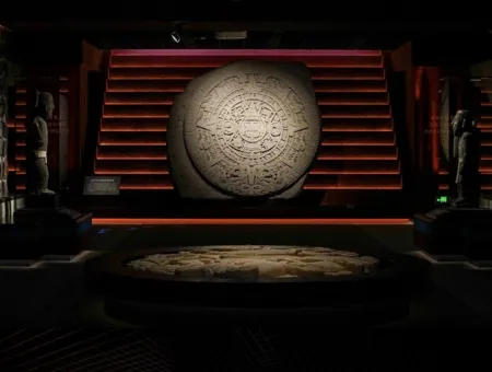 Large circular carved stone calendar (Aztec Sun Stone) on display in a dim museum gallery, flanked by statues under red lighting.]} } Wait I included bracket error. Need proper JSON with an array of strings. Let's correct. Also remove stray bracket. Provide 5 entries. Let's produce. I'll output. actually the first string has extra bracket. Fix. Also ensure under 125 chars. Let's craft final. 1: