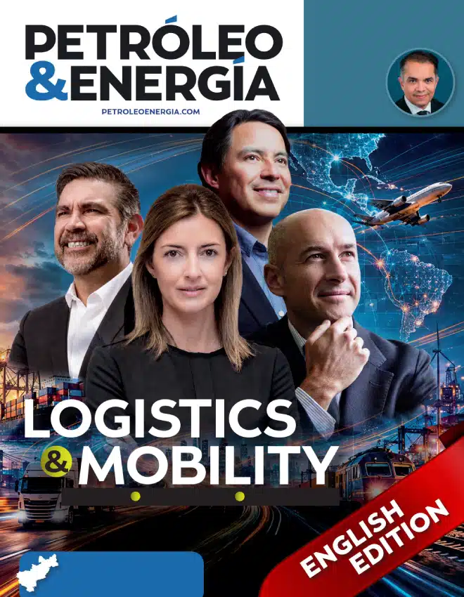 Magazine cover for Petróleo & Energia featuring four business professionals in front of a global logistics backdrop with ships, trucks, and an airplane; labeled 'Logistics & Mobility' — English Edition.