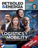 Cover of Petróleo & Energia magazine featuring a group of business professionals and the headline Logistics & Mobility with energy, technology, and innovation themes. English Edition badge visible.