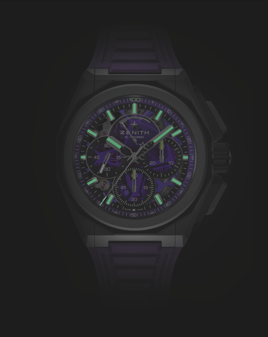 zenith_ultraviolet 5 - Petróleo y Energía Zenith El Primero sports watch with a purple skeleton dial, green luminescent hands and markers in a dark case.
