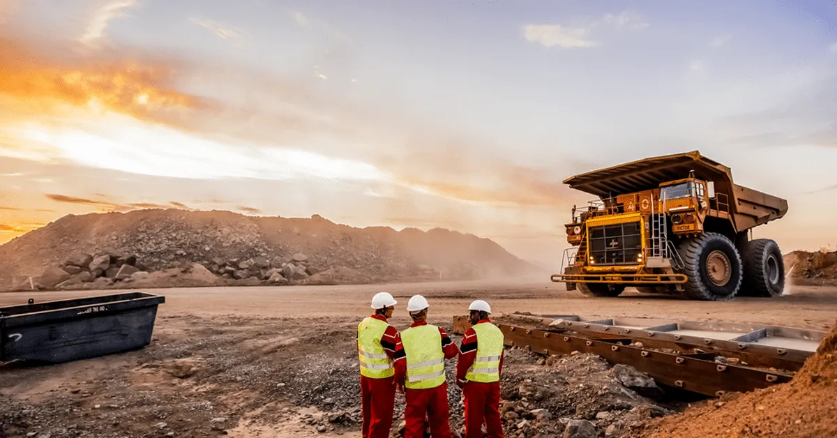 Three workers in high-visibility vests and hard hats stand together at a mining site, with a large dump truck in the background at sunset.