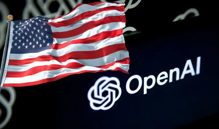 Waving U.S. flag in front of a dark background with the OpenAI logo and text.