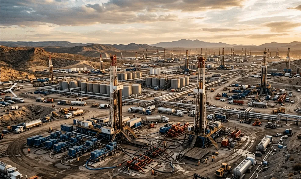 Oil field with multiple drilling rigs, tanks, and trucks in a desert landscape at sunset.