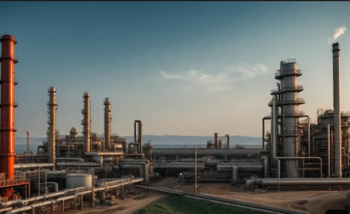 Oil refinery complex with tall distillation columns, pipes, and pipes, stretching across the scene under a blue sky.