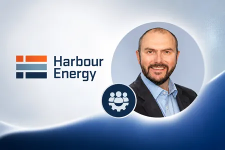 Harbour Energy branding with logo on the left and a smiling man in a circular portrait on the right.