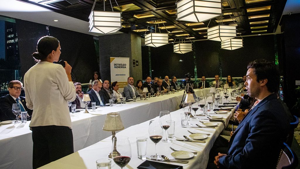 Foto-18 - Petróleo y Energía Speaker addressing a long banquet table of professionals at a formal dinner event with wine glasses and cameras nearby.