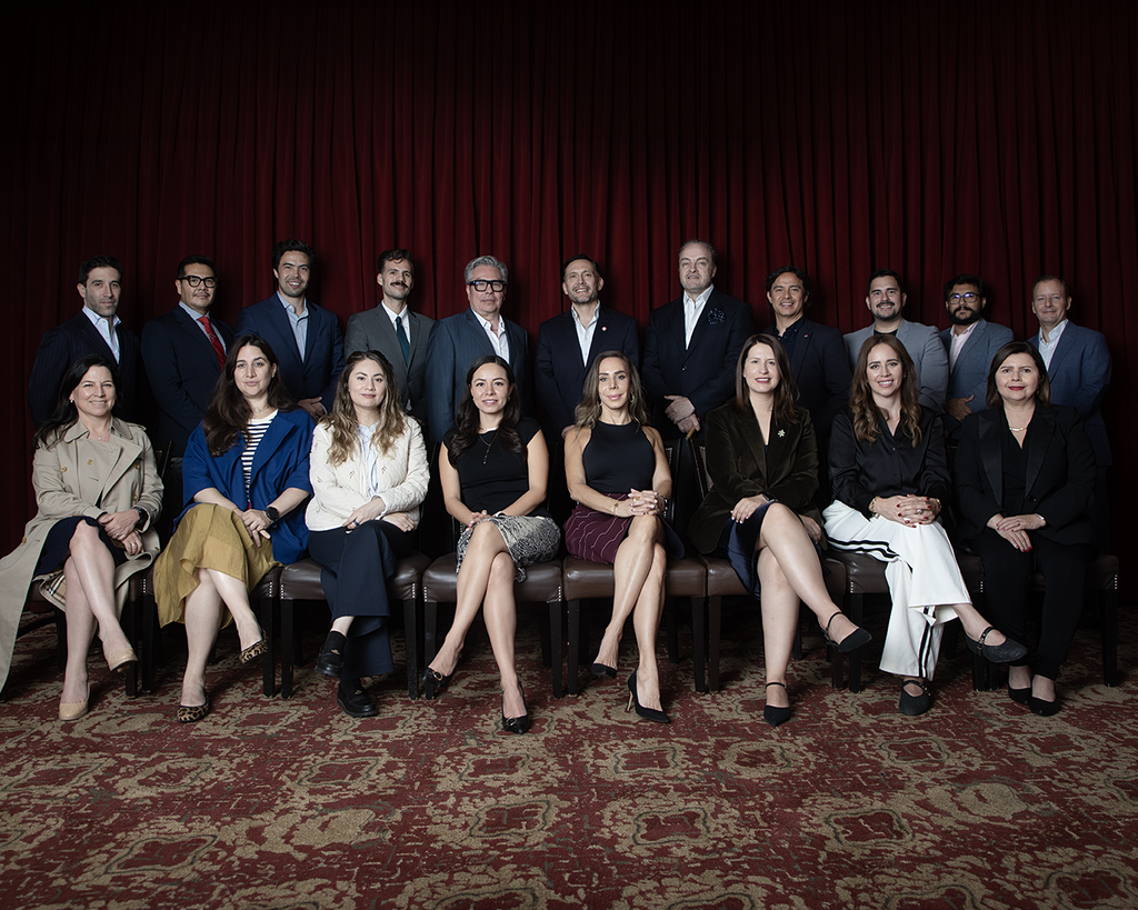 Grupi2 - Petróleo y Energía Group of 16 professionals in business attire posing in two rows for a formal team photo against a red curtain.
