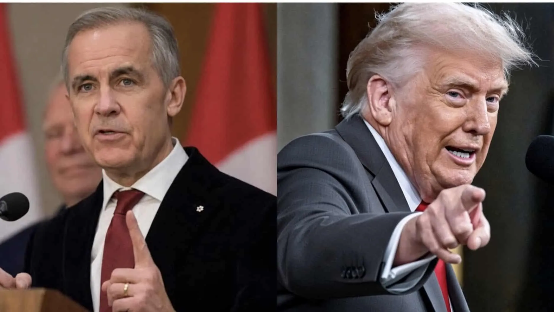 Split image of two men in suits at a press conference: left man speaking at a podium with a red tie, right man in a gray suit pointing toward the camera.