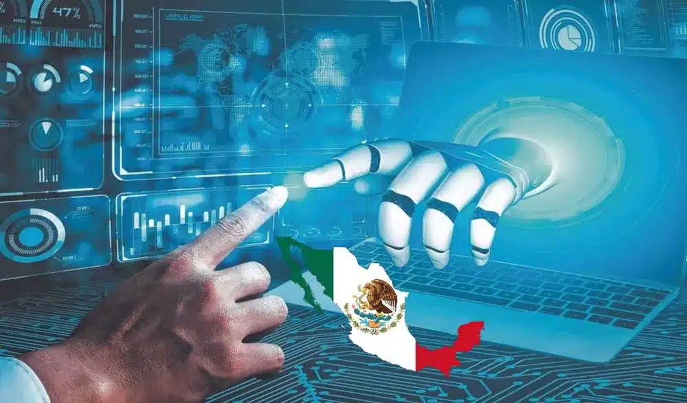 Robotic hand and human finger touch a holographic interface with a map of Mexico highlighted in its flag colors, symbolizing AI in Mexico. Or shorter: Robot hand meets human finger over a digital UI, with Mexico map in flag colors.