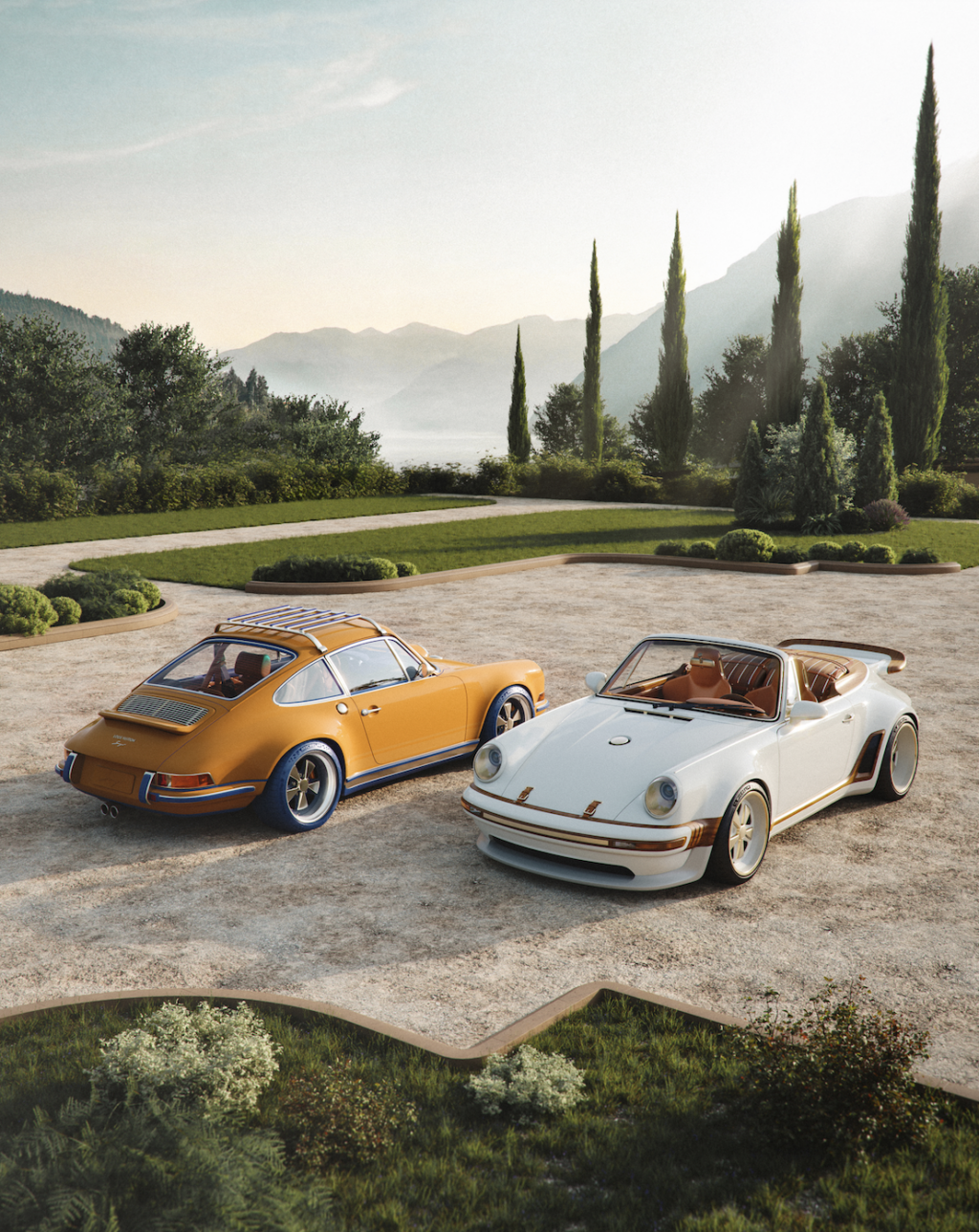 - Petróleo y Energía Two vintage Porsche convertibles, orange and white, parked on a gravel driveway with a scenic mountain landscape in the background.