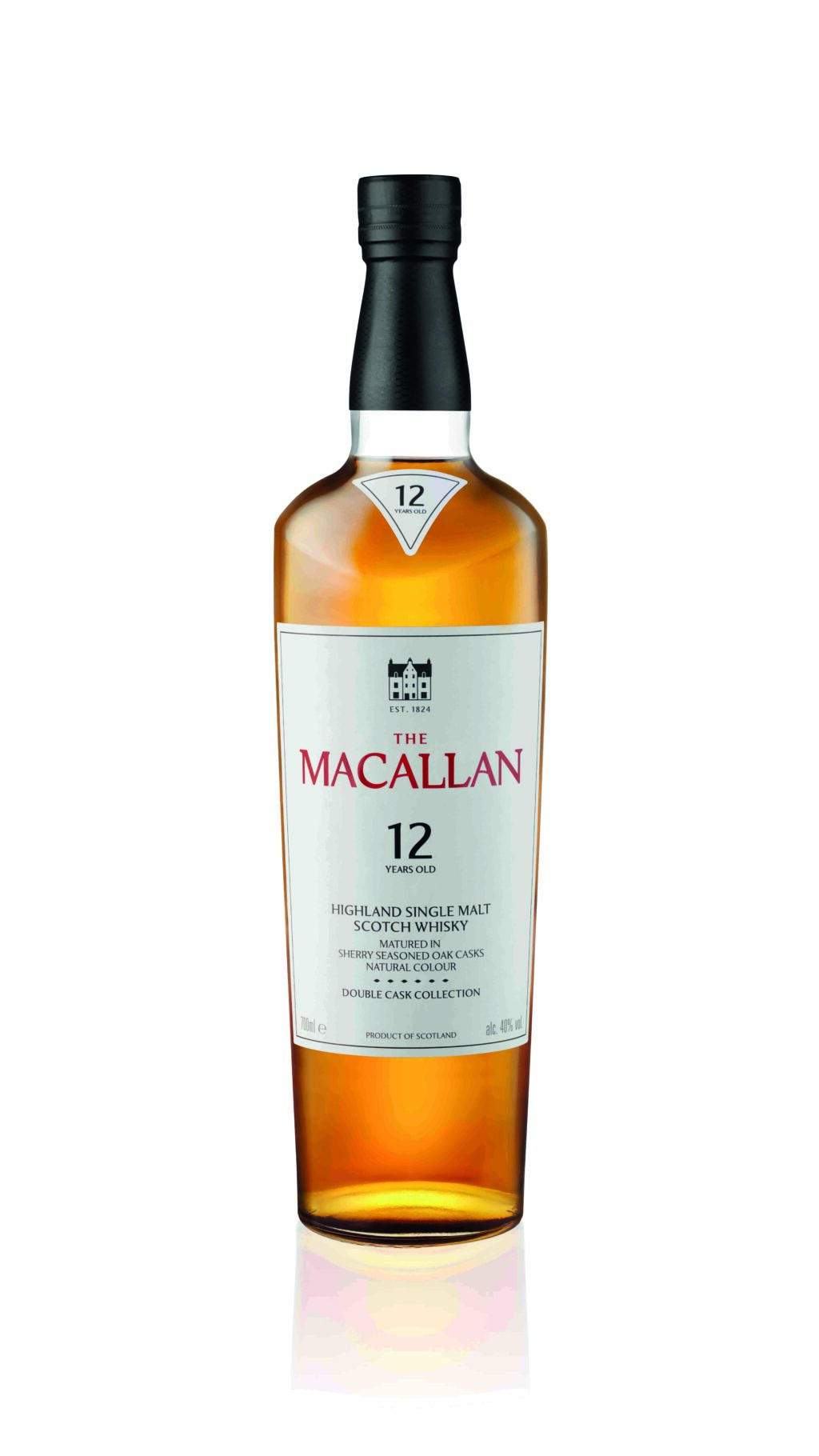 - Petróleo y Energía Bottle of The Macallan 12 Years Old Highland Single Malt Scotch Whisky with white label and black cap.