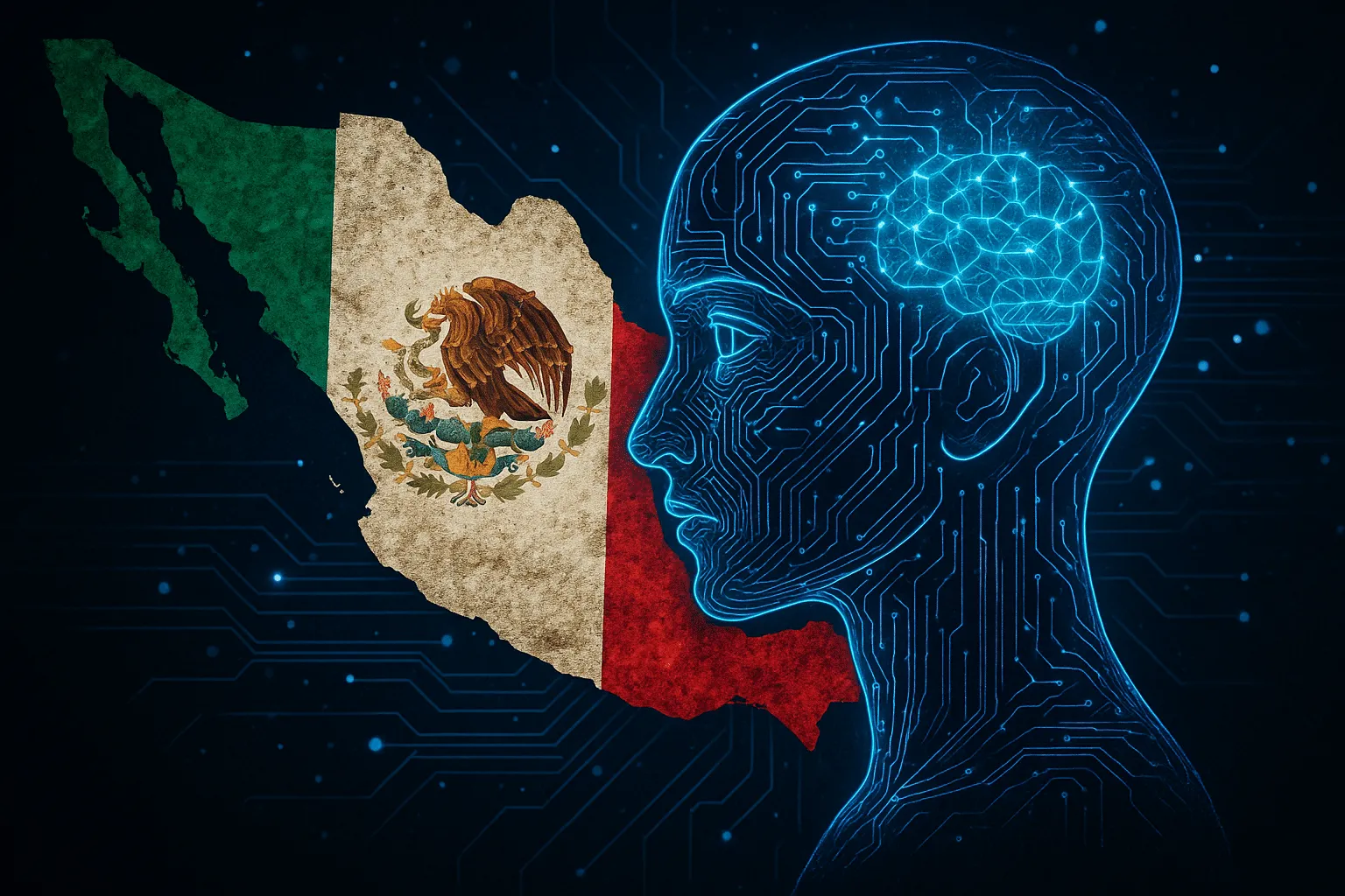 Blue digital silhouette of a brain and head with circuit lines facing a weathered Mexican flag, symbolizing AI in Mexico.