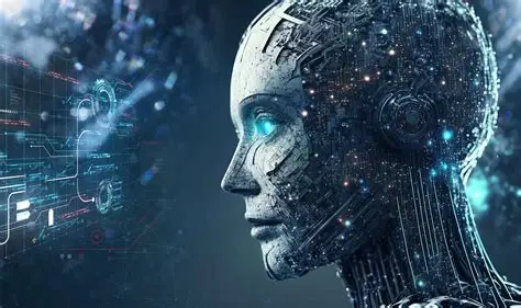 Futuristic humanoid robot head with glowing blue eye and circuit patterns in a digital background