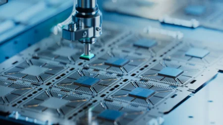 Robot arm placing a small green-edged microchip onto a blue circuit board during PCB assembly.