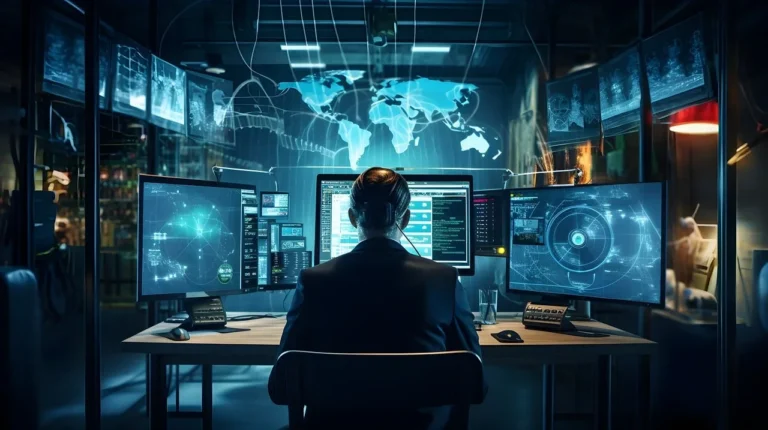 Operator with headset seated at a multi-monitor workstation, monitoring blue holographic maps and data in a dark, high-tech control room.