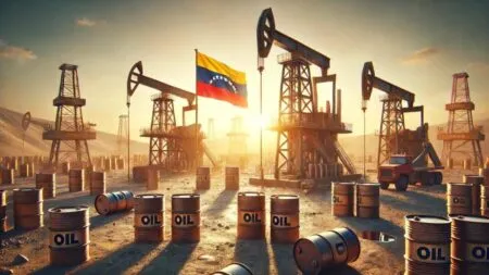 Oil field at sunset with pumpjacks, oil barrels labeled OIL, and a Venezuelan flag between rigs.