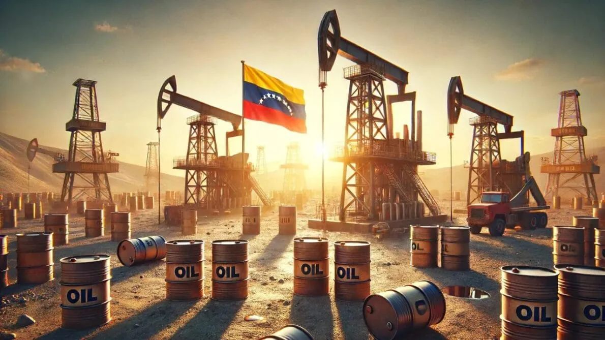 Oil field at sunset with pumpjacks, oil barrels labeled OIL, and a Venezuelan flag between rigs.