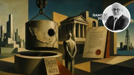 Surreal montage of industry and classical architecture with a cracked cylindrical object, a polygonal figure, a temple, a large 30%/40% sign, and a circular portrait overlay in the corner.
