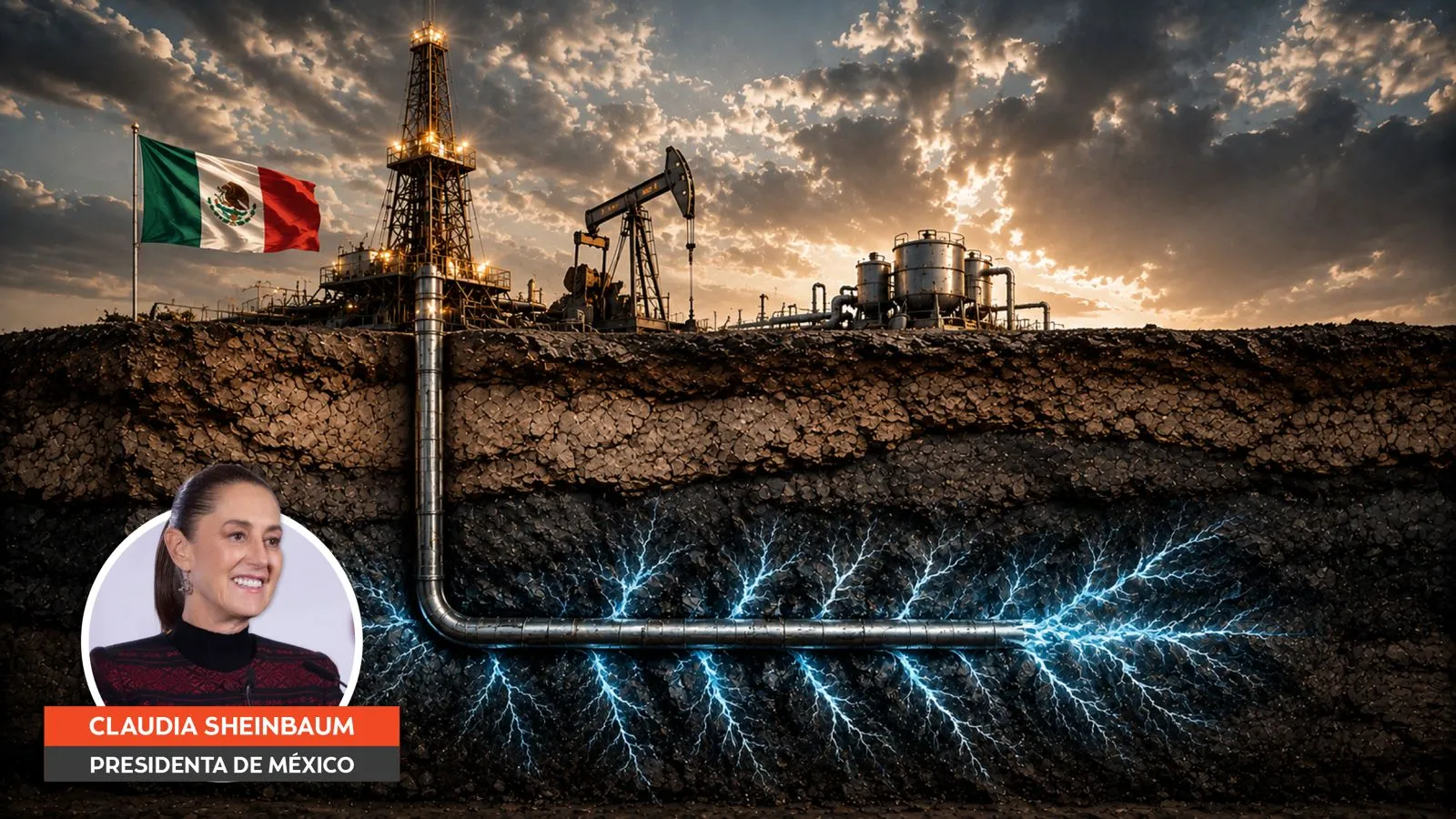 Oil field at sunset with a drilling rig and the Mexican flag; an underground pipeline glows with blue energy, plus a circular inset of Claudia Sheinbaum as President of Mexico.
