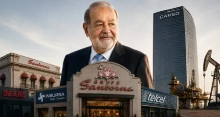 Portrait of a senior businessman in a suit looming over a shopping plaza with Grupo Sanborns sign, and nearby Sears, Inbursa, and Telcel storefronts, plus a tall Carso building in the background.