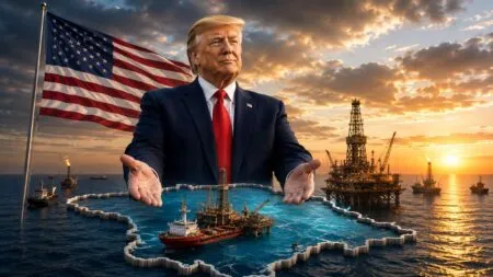 A man in a suit and red tie stands with open hands over a map-shaped oil field in the sea at sunset, with an American flag nearby.