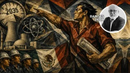 Mosaic illustration of a leader figure pointing forward, with a nuclear plant, an atom symbol, workers in helmets, and the Mexican flag; author photo in the corner.