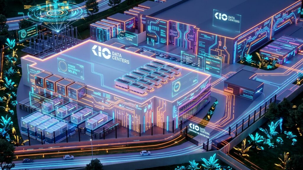 WhatsApp Image 2026-08-14 at 15859 PM - Petróleo y Energía Futuristic data center campus at night with neon blue and orange circuits and a central building labeled 'KIO Data Centers'.