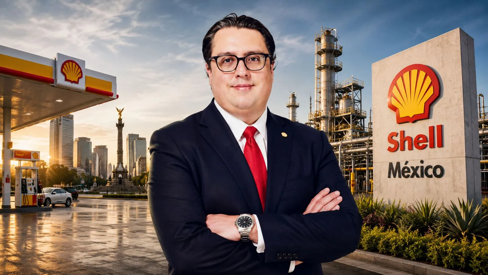 Professional man in a suit with a red tie, arms crossed, standing in front of a Shell México sign and refinery.