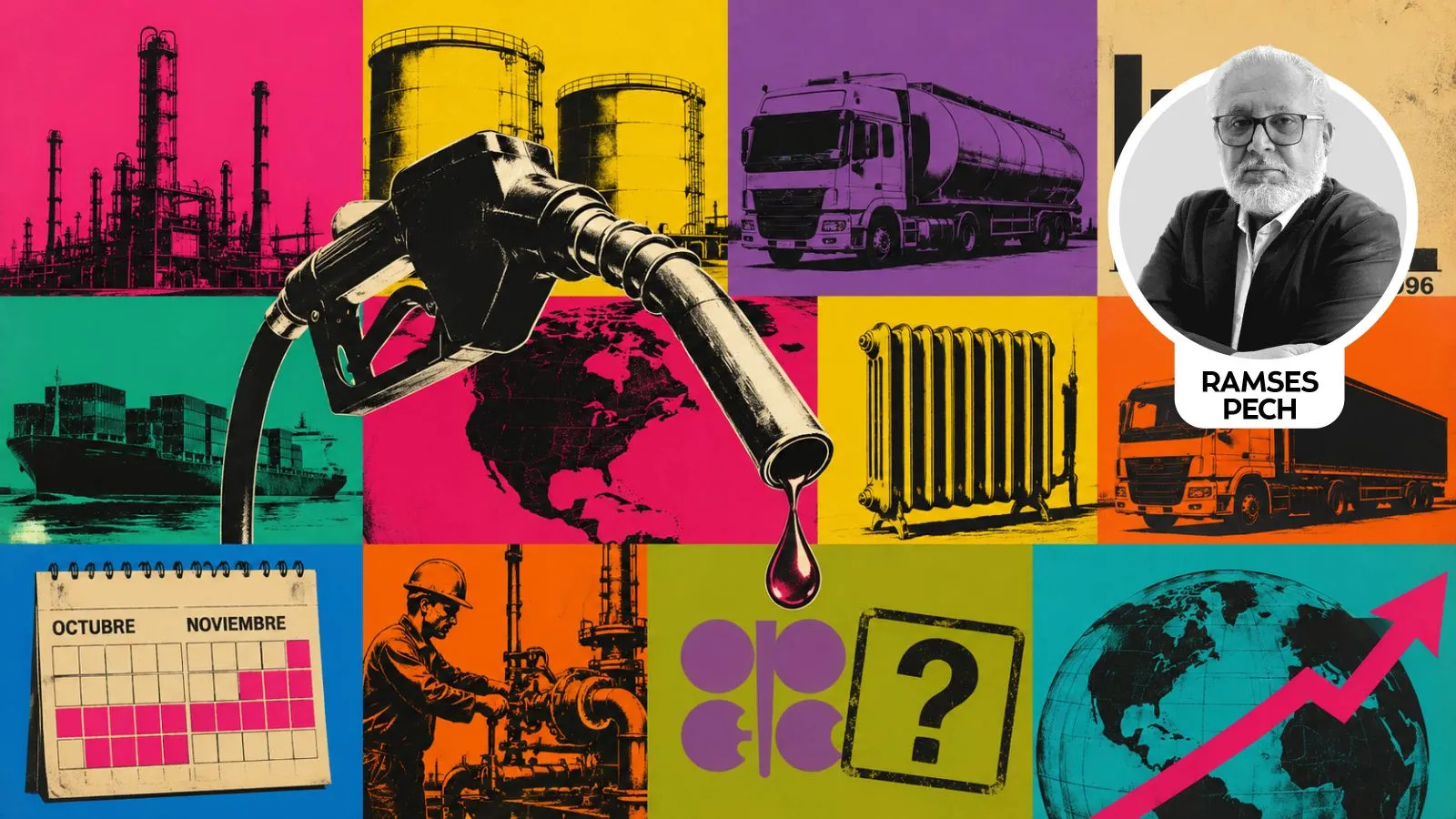 Colorful collage of global energy and logistics scenes, with a portrait of Ramses Pech in the corner.