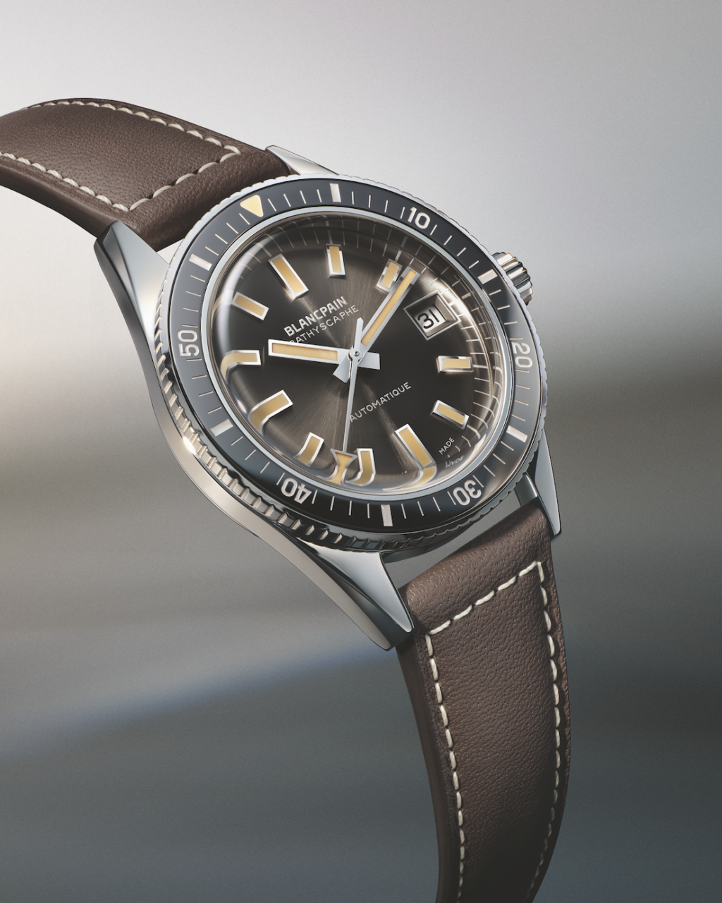 blancapina 3 - Petróleo y Energía Blancpain automatic wristwatch with a brown leather strap and hexagonal dial markers, date window at 3 o'clock, angled shot