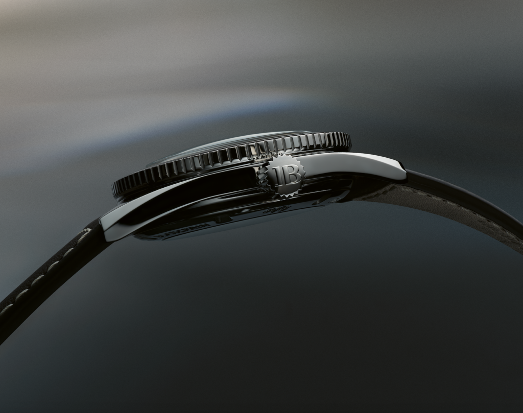 blancpain 2 - Petróleo y Energía Close-up of a metallic wristwatch crown and serrated bezel viewed from the side, with a curved black strap against a dark gradient background.