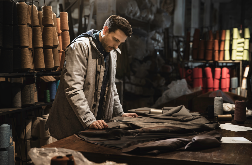 - Petróleo y Energía Man in a beige coat examining brown fabric at a sewing table in a textile workshop, with rows of thread spools on shelves nearby.