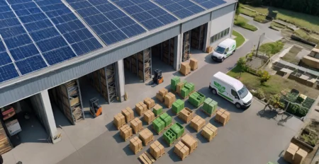 Aerial view of a warehouse with solar panels on the roof, organized pallets and green crates in the yard, and two white delivery vans nearby.