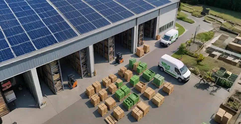 Aerial view of a warehouse with solar panels on the roof, organized pallets and green crates in the yard, and two white delivery vans nearby.