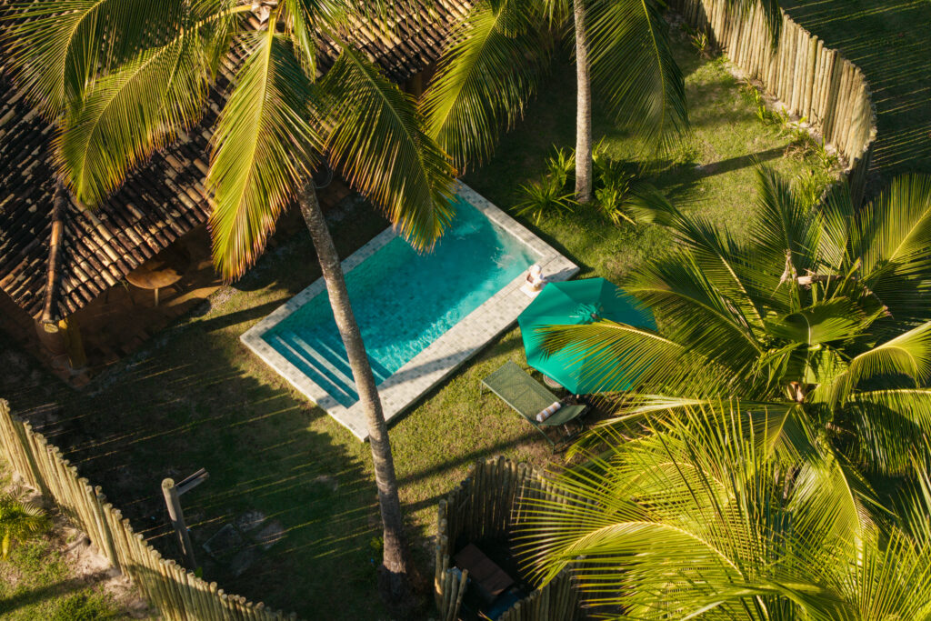 default - Petróleo y Energía Aerial view of a rectangular pool bordered by tiles, surrounded by palm trees and a green lawn.