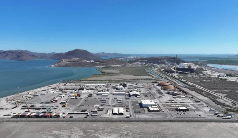 A coastal industrial port with container yards, warehouses, and paved lots viewed from above, with blue water and distant hills in the background.