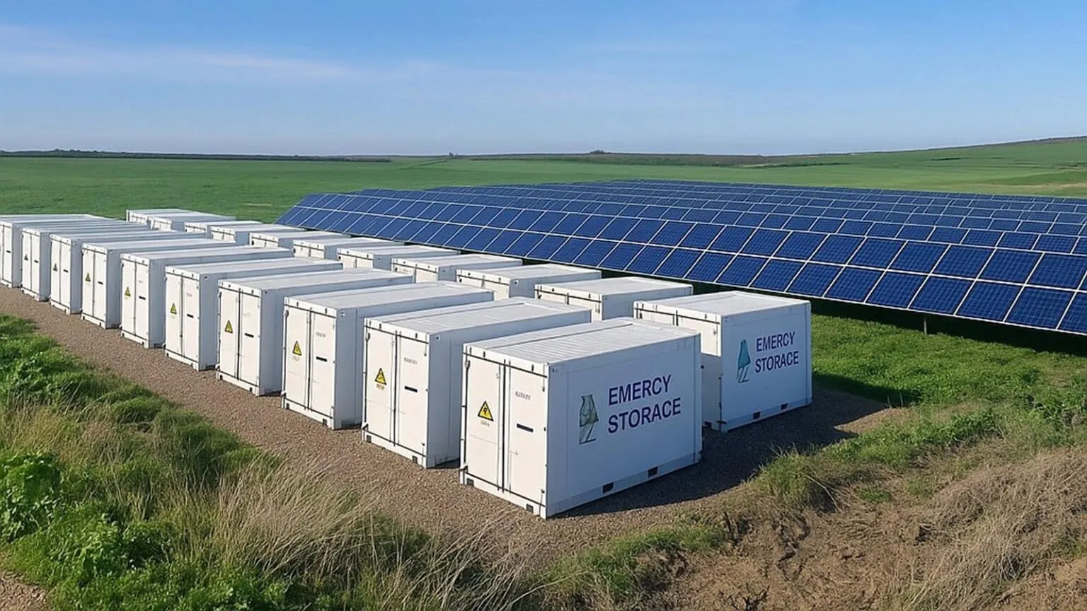 Row of white emergency storage containers lined up beside a field of solar panels under a blue sky.
