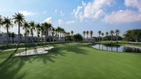 Green golf course with palm trees lining a water feature and a blue sky, with a sand bunker in the foreground and buildings in the background.