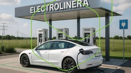 Electric white sedan plugged into an EV charging station under a canopy with three charge pedestals labeled 'Charging Station'