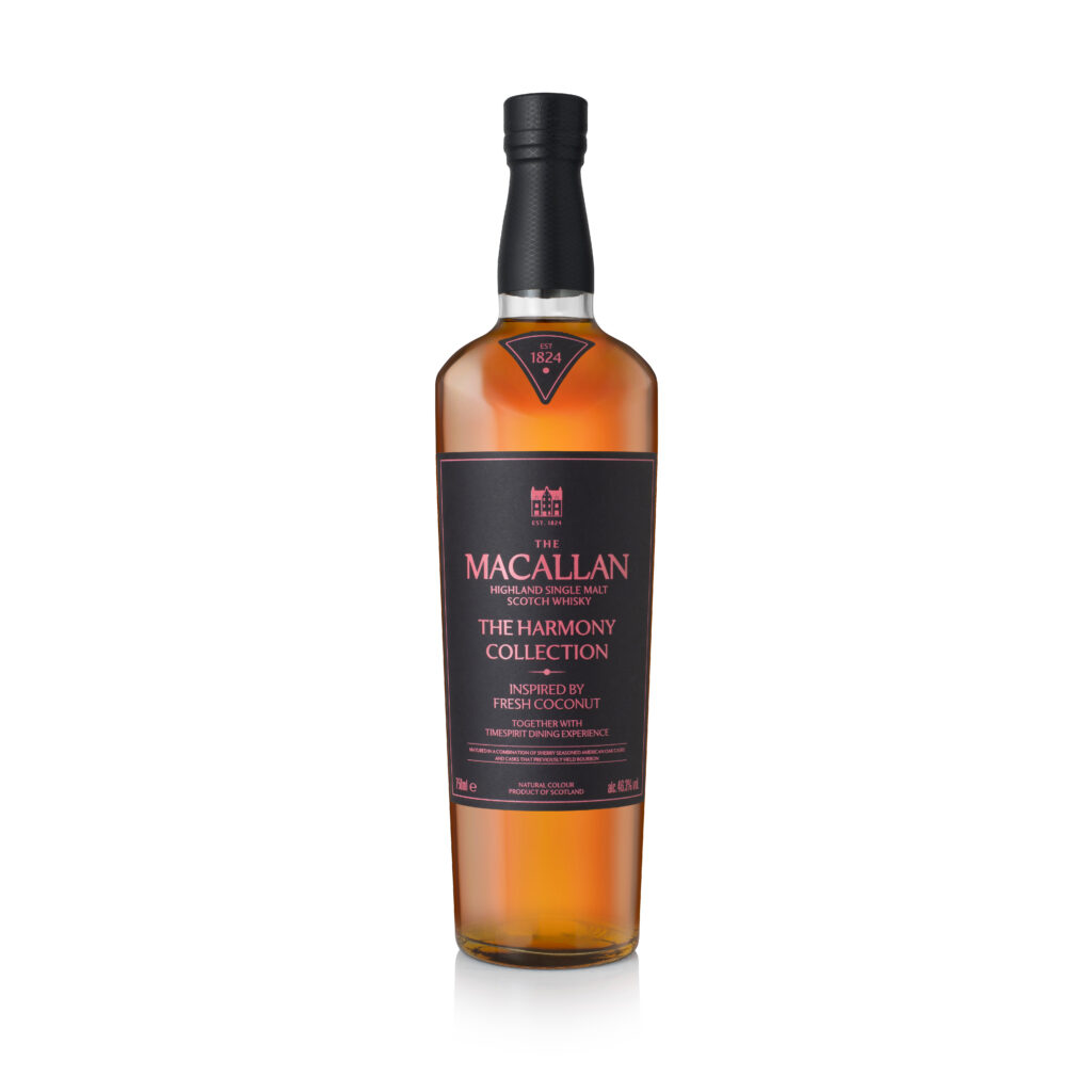 MAC-2026-Harmony6-Domestic-Pack-750ml-Bottle-Front-1x1-JPEG-150dpi - Petróleo y Energía Macallan The Harmony Collection whisky bottle with orange liquid, dark label, and pink text.