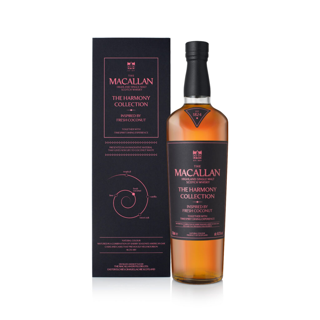 - Petróleo y Energía Macallan Harmony Collection whisky bottle beside navy box with pink lettering and crest logo