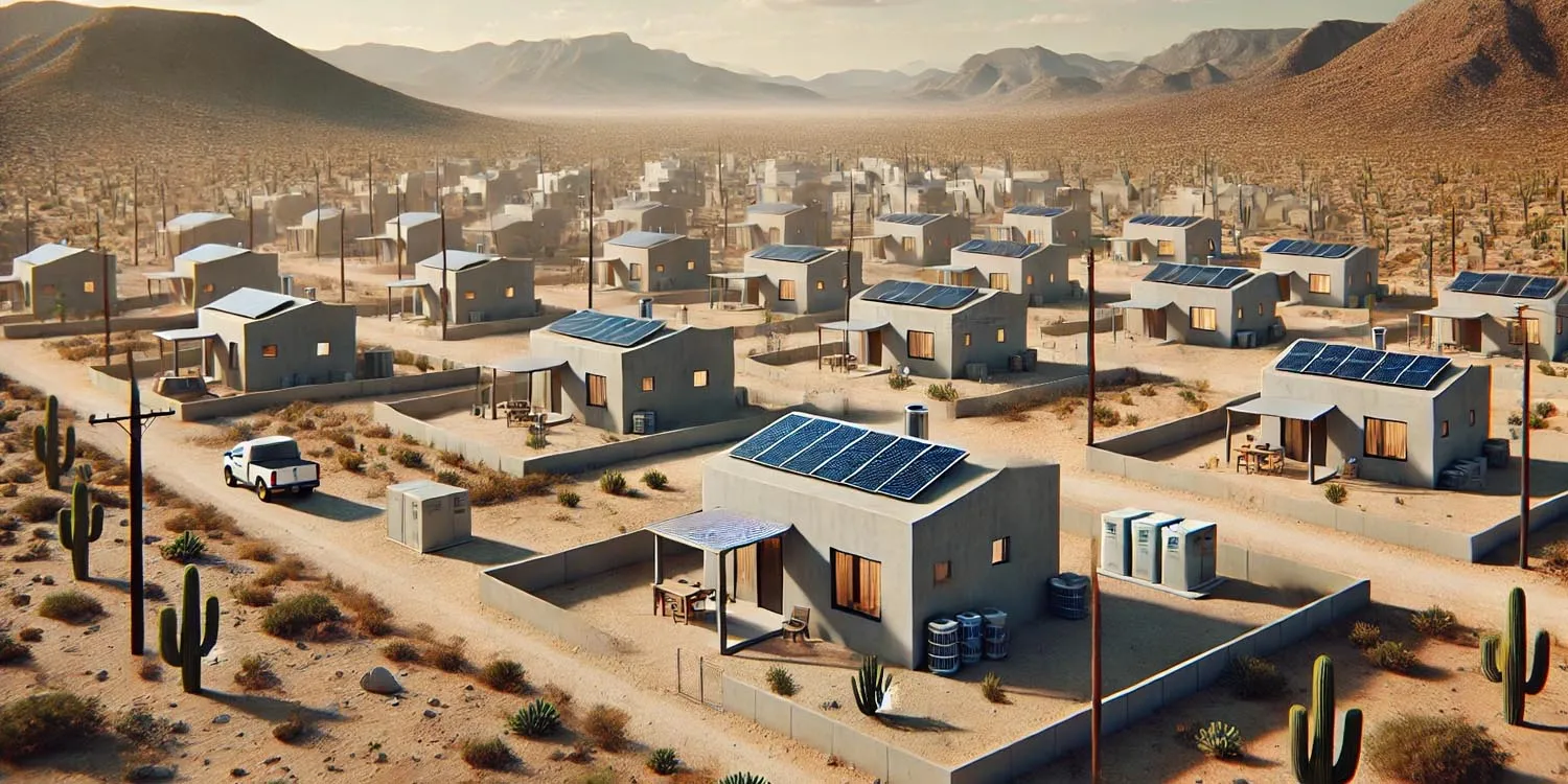 Desert campground of small gray houses with blue solar roofs, fenced yards, cacti, a white pickup truck, and distant mountains under a warm sky.
