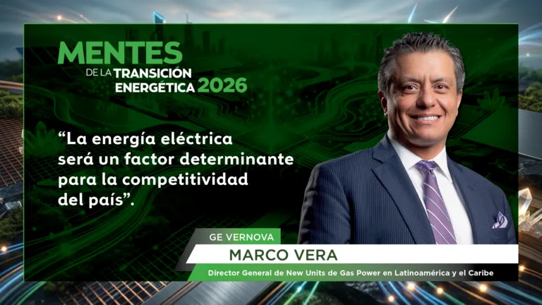 Banner promocional: 'Mentes de la Transición Energética 2026' con hombre de negocios a la derecha; lenguaje y diseño verde.