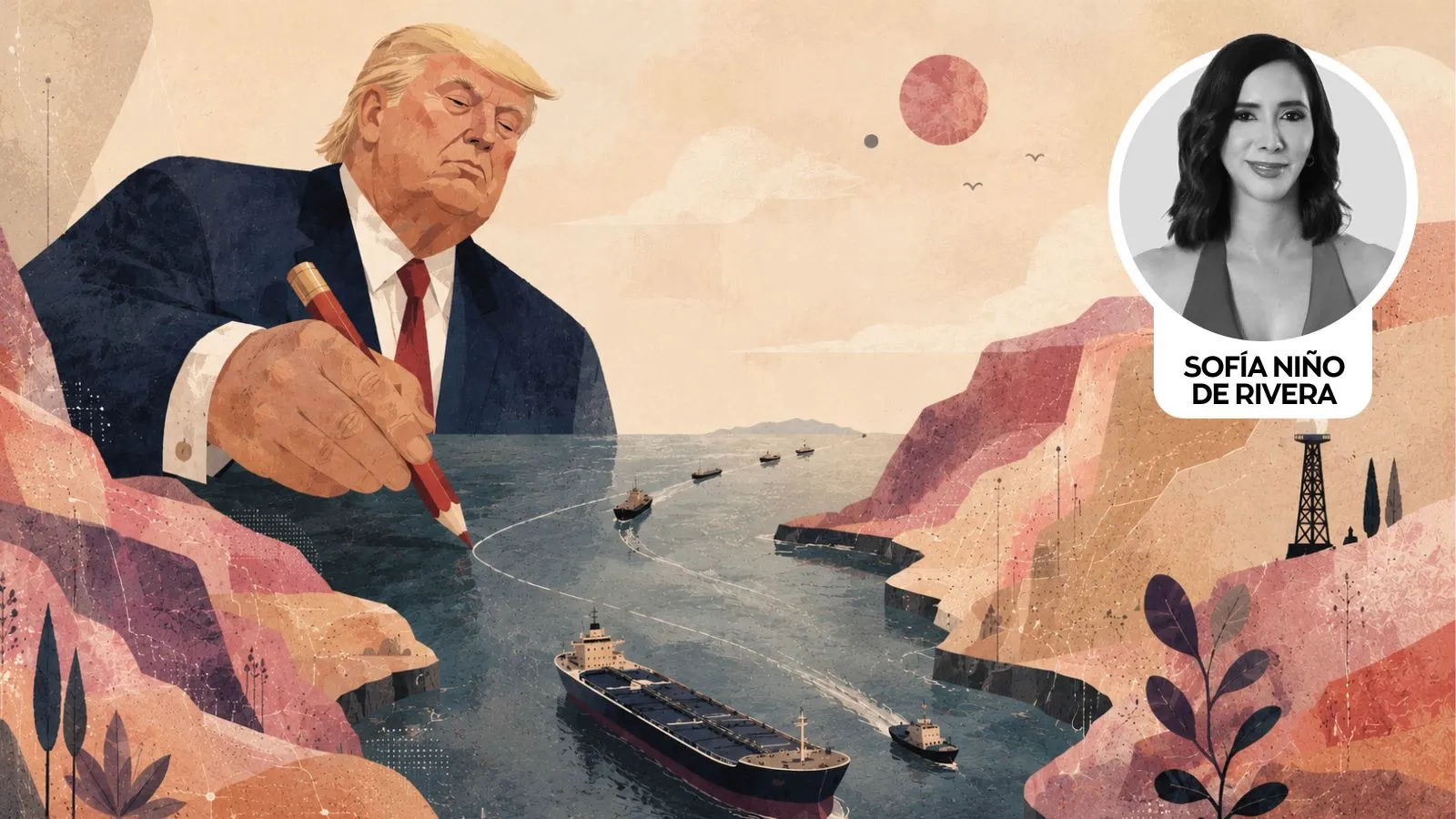 Political illustration of Donald Trump drawing a red line over a sea with ships, set in canyon-like cliffs, with Sofía Niño de Rivera’s profile badge in the corner.