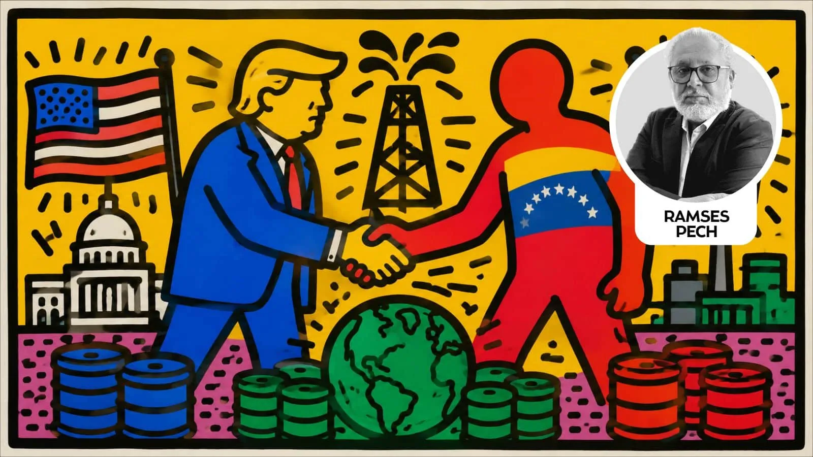 Cartoon showing Donald Trump in blue shaking hands with a red figure wrapped in a Venezuelan flag, an oil rig behind them, a globe at their feet, and oil barrels around, symbolizing US-Venezuela oil talks.